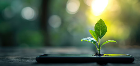 Generative AI, Plant growing from the smartphone screen. Ecology and environment conceptの素材