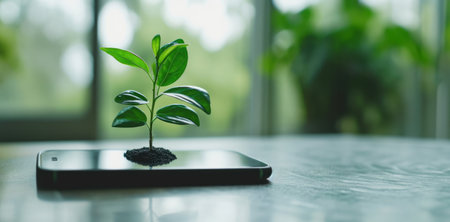 Generative AI, Plant growing from the smartphone screen. Ecology and environment conceptの素材