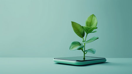 Generative AI, Plant growing from the smartphone screen. Ecology and environment conceptの素材