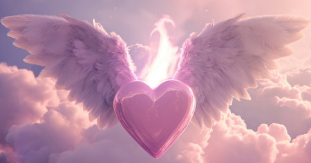 Generative AI, Pink magenta fantastic 3d clouds and heart with wings, sky and landscape. Gentle colors and with bright lights.の素材