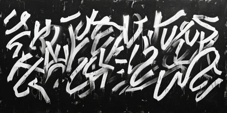 Generative AI, Black and white type fonts, brush pen letters as graffiti symbols on the wall, street art. Melted paint.の素材