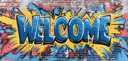 Generative AI, Colorful word Welcome as graffiti symbol on the wall, street art. Melted paint.の素材
