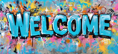 Generative AI, Colorful word Welcome as graffiti symbol on the wall, street art. Melted paint.の素材