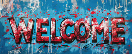 Generative AI, Colorful word Welcome as graffiti symbol on the wall, street art. Melted paint.の素材
