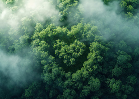Generative AI, Green forest with heart shape, beautiful landscape with white clouds, environment love planet conceptの素材