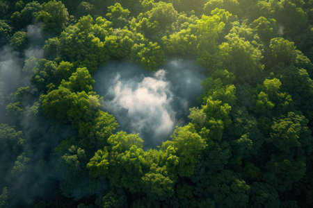 Generative AI, Green forest with heart shape, beautiful landscape with white clouds, environment love planet conceptの素材