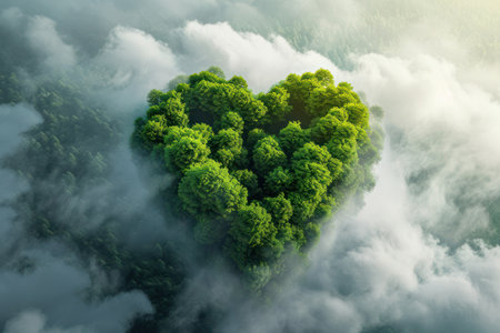 Generative AI, Green forest with heart shape, beautiful landscape with white clouds, environment love planet conceptの素材