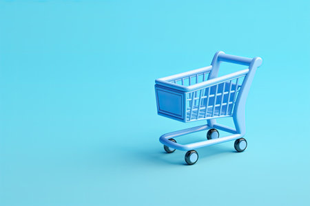 Generative AI, empty shopping cart on blue background, minimalistic shop online, free delivery, discounts and sale concept.の素材