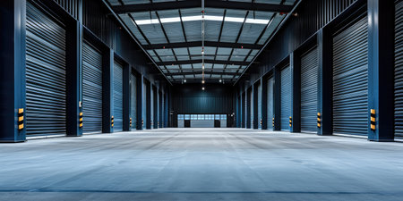 Generative AI, Mini metal self storage facilities rental units, warehouse exterior, industry garage building.の素材