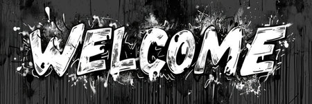 Generative AI, Black and white word Welcome as graffiti symbol on the wall, street art. Melted paint.の素材