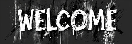 Generative AI, Black and white word Welcome as graffiti symbol on the wall, street art. Melted paint.の素材
