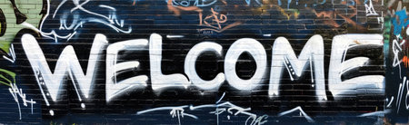 Generative AI, Black and white word Welcome as graffiti symbol on the wall, street art. Melted paint.の素材