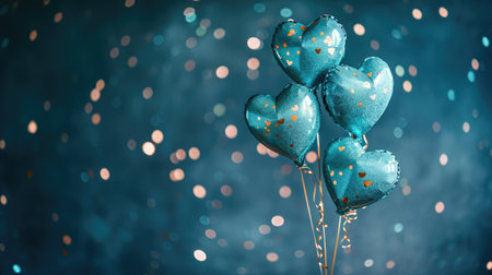Generative AI, Foil blue balloons in heart shape and confetti for Valentine's day or wedding with copy spaceの素材