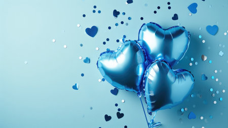 Generative AI, Foil blue balloons in heart shape and confetti for Valentine's day or wedding with copy spaceの素材