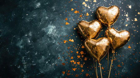 Generative AI, Foil golden balloons in heart shape and confetti for Valentine's day or wedding with copy spaceの素材