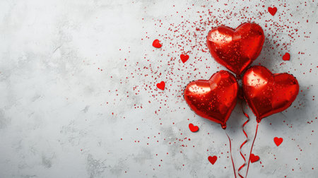 Generative AI, Foil red balloons in heart shape and confetti for Valentine's day or wedding with copy spaceの素材