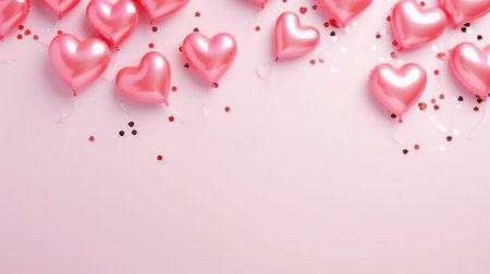 Generative AI, Foil balloons in heart shape and confetti for Valentine's day or wedding with copy spaceの素材
