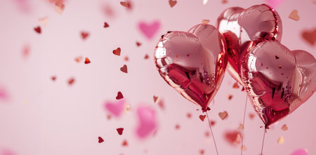 Generative AI, Foil balloons in heart shape and confetti for Valentine's day or wedding with copy spaceの素材