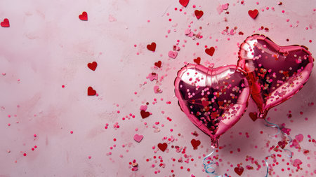 Generative AI, Foil balloons in heart shape and confetti for Valentine's day or wedding with copy spaceの素材