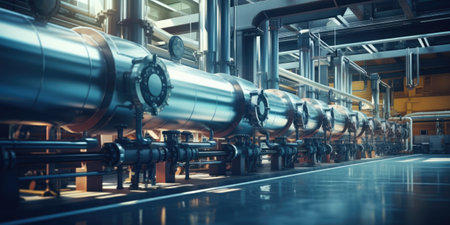 Generative AI, Hydrogen power plant, large steel tanks and pipes. Green renewable energy production, H2 energy conceptの素材