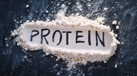 Generative AI, Whey protein powder with word Protein, sports nutrition, banner with copy spaceの素材