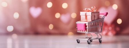 Generative AI, golden and pink shopping cart with many gift boxes on pink background, Valentine day concept, discount and sale.の素材
