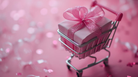 Generative AI, golden and pink shopping cart with many gift boxes on pink background, Valentine day concept, discount and sale.の素材