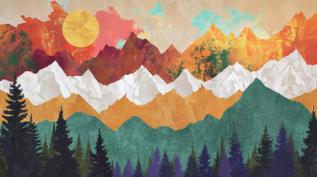 Generative AI, Green forest landscape with mountains in torn paper styleの素材