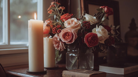 Generative AI, Valentine's Day home interior decoration close up, muted colors, holiday photorealistic aesthetic backgroundの素材