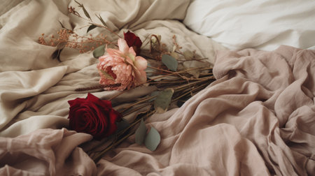 Generative AI, Valentine's Day home interior decoration close up, muted colors, holiday photorealistic aesthetic backgroundの素材