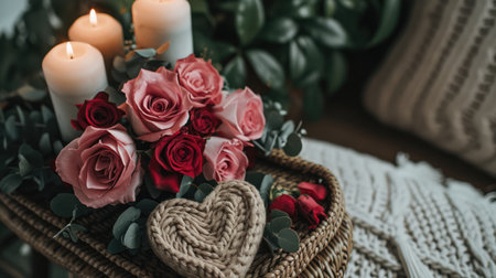 Generative AI, Valentine's Day home interior decoration close up, muted colors, holiday photorealistic aesthetic backgroundの素材