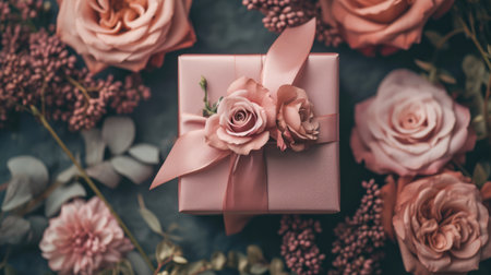 Generative AI, Valentine's Day gift box with decoration close up, muted colors, holiday photorealistic aesthetic backgroundの素材