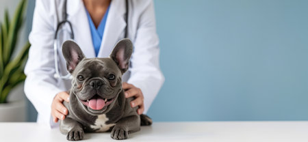 Generative AI, cute small dog being examined by professional veterinarian in vet clinicの素材