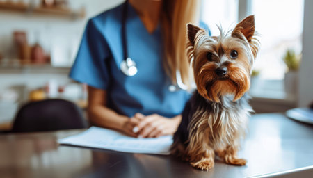 Generative AI, cute small dog being examined by professional veterinarian in vet clinicの素材