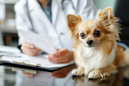 Generative AI, cute small dog being examined by professional veterinarian in vet clinicの素材