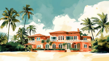 Generative AI, Miami House Summer Vibes watercolor illustration, childish styleの素材