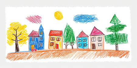 Generative AI, Pencil drawn art by child, naive kids illustration on white backgroundの素材