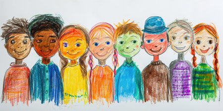 Generative AI, Pencil drawn art by child, naive kids illustration of different multiethnic people, diversity concept on white backgroundの素材