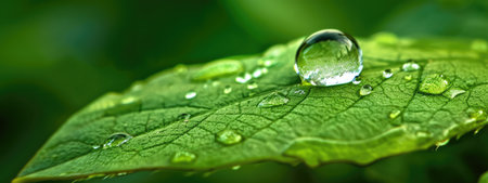 Generative AI, macro texture of green leaf with water drops, green foliage texture, ecology backgroundの素材