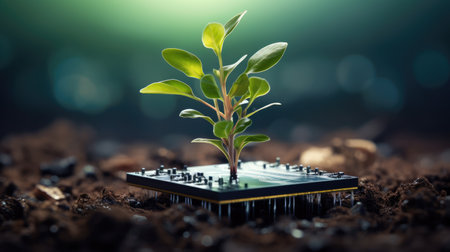 Generative AI, Plant growing from the circuit board. Ecology and environment conceptの素材