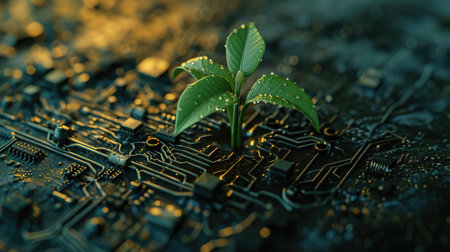 Generative AI, Plant growing from the circuit board. Ecology and environment conceptの素材