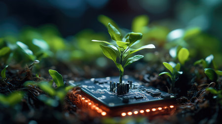 Generative AI, Plant growing from the circuit board. Ecology and environment conceptの素材