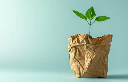Generative AI, plant sprout with green leaves growing from recycled paper. Eco, zero waste, plastic free and environment conceptの素材