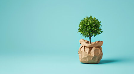 Generative AI, plant sprout with green leaves growing from recycled paper. Eco, zero waste, plastic free and environment conceptの素材