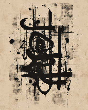 Generative AI, Calligraphy abstract poster, gothic type fonts, brush pen letters as graffiti symbols, black ink.の素材