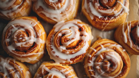 Generative AI, Freshly baked cinnamon bun with white cream icing, close up photoの素材