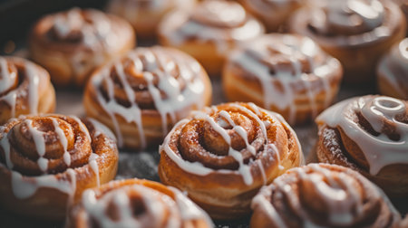 Generative AI, Freshly baked cinnamon bun with white cream icing, close up photoの素材