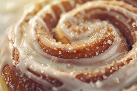 Generative AI, Freshly baked cinnamon bun with white cream icing, close up photoの素材