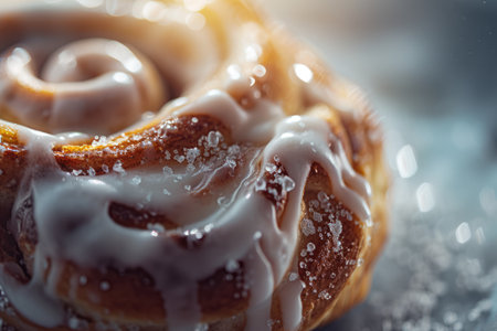 Generative AI, Freshly baked cinnamon bun with white cream icing, close up photoの素材