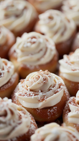 Generative AI, Freshly baked cinnamon bun with white cream icing, close up vertical photoの素材